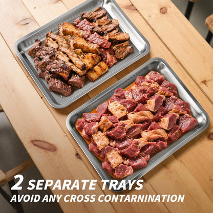 Grilling Prep and Serve Trays, Stainless Steel Large Capacity Food Prep Tray, Grill Carry System, Marinade Container with Lid and Cutting Board, BBQ Grill Accessories, Grilling Gifts for Men