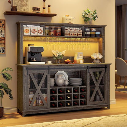 63"Wide 58"H Farmhouse Coffee Bar Cabinet with LED Light,Wine Bar Cabinet w 4 Storage Hutch,Kitchen Buffet Cabinet wSliding Barn Door & 15 Wine and Glass Racks for Kitchen Dining Room(Dark Rustic Oak)