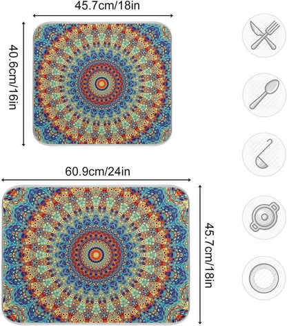 Bohemian Mandala Dish Drying Mat for Kitchen Counter Boho Ethnic Drying Mat 16 x 18 Inch with High Absorbent Reversible Microfiber Dish Drying Pad Dish Rack Pad Drainer Mat for Coffee Bar
