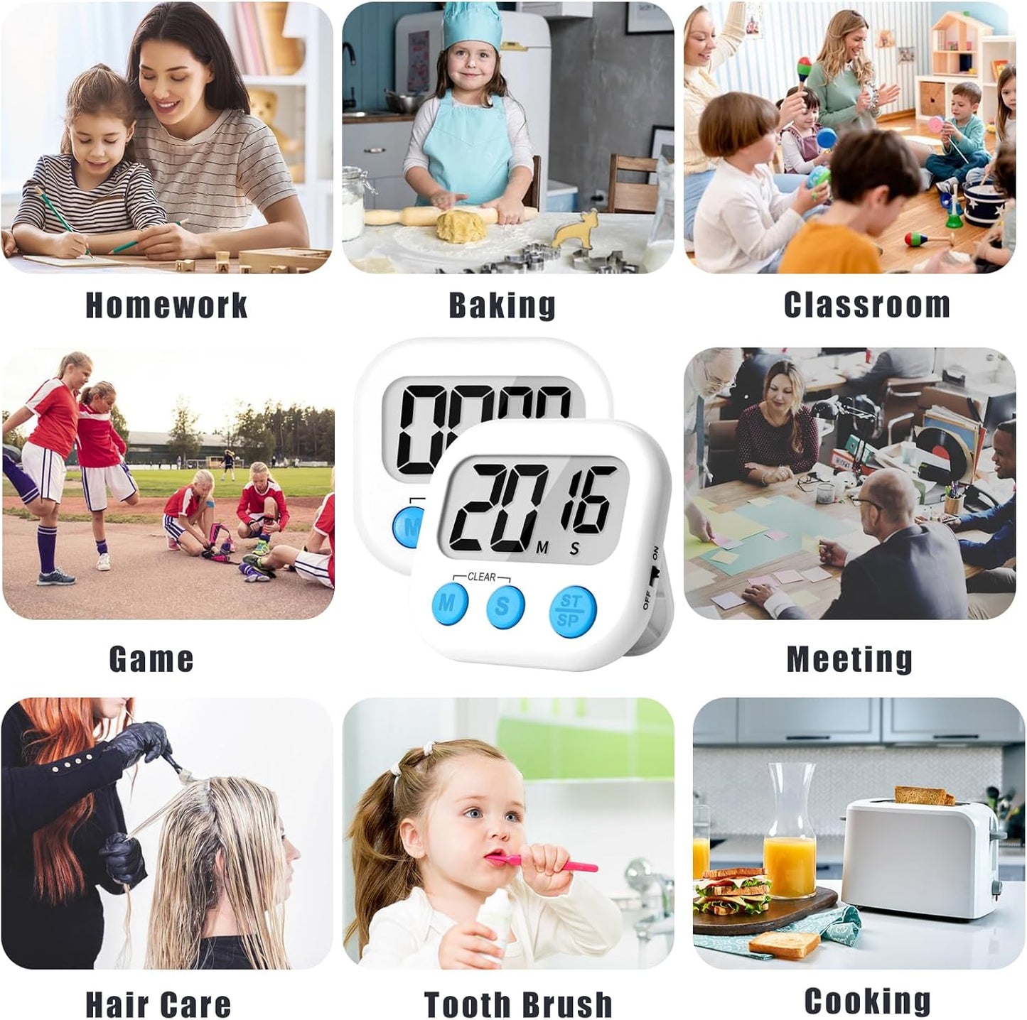 ZILLEEN Kitchen Timer Digital with Magnetic Back for Kids Classroom, White 6 Pack