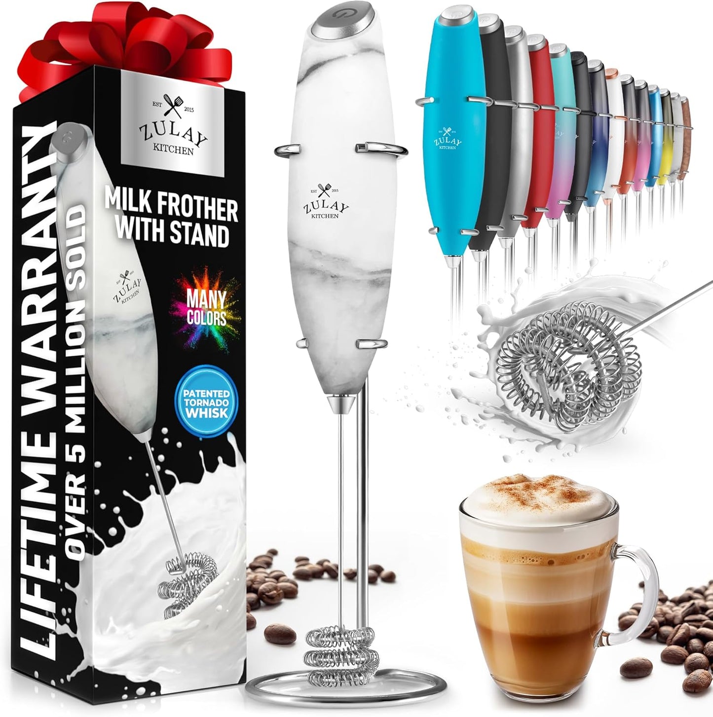 Zulay Kitchen Milk Frother with Patented Tornado Triple Whisk – Handheld Foam Maker for Coffee, Lattes, Matcha & Hot Chocolate – Rich, Creamy Froth in Seconds -