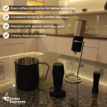WDT Tool Espresso Magnetic, Espresso Tool Kit, Coffee Tamper 51mm, Milk Frother Handheld, Frothing Pitcher Stainless Steel, Electric Drink Mixer Wand, Barista Tools for Coffee Lovers
