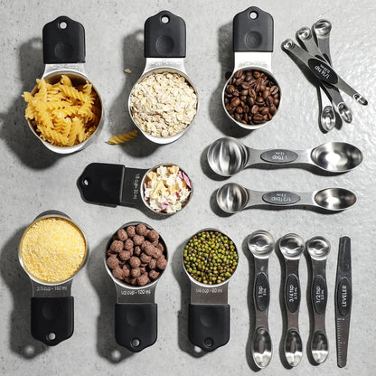 Magnetic Measuring Cups and Spoons Set Including 7 Stainless Steel Measuring Cups 8 Double Sided Magnetic Measuring Spoons Set with 1 Leveler Kitchen Tools for Cooking Baking (Black)