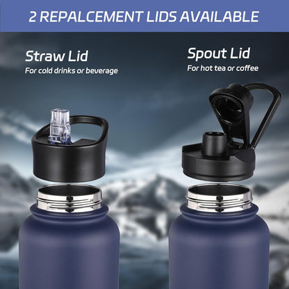 HASLE OUTFITTERS 32 oz Insulated Water Bottle Stainless Steel Double Walled Vacuum Sports Water Bottle with 2 Lids (Straw and Spout Lid) for Gym Camping Hiking(Navy,4)