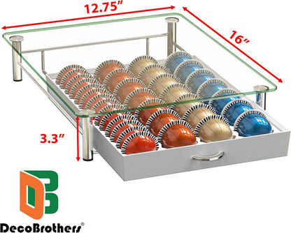 DecoBrothers Crystal Tempered Glass Vertuo Pod Holder Drawer, 28 Large or 56 Small Nespresso Capsule Organizer, White