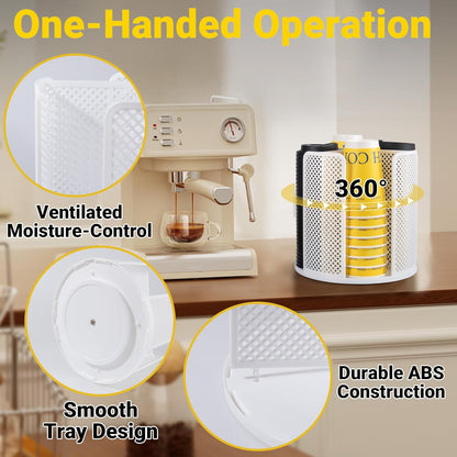 4-Compartment Rotating Paper Cup Holder & Coffee Cup Lid Storage Dispenser, Plastic Cup Dispenser Removable, Space-Saving Countertop Cup Holder for Coffee Bars, Kitchens (White)