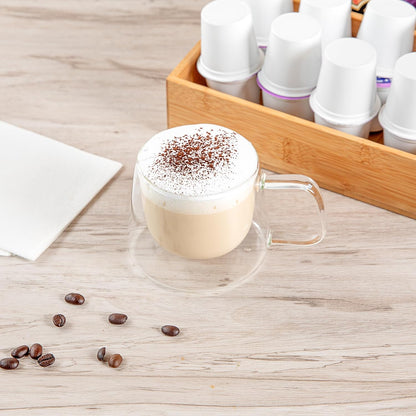 Restaurantware-Forma Professional 6.8 Ounce Double Wall Coffee Mugs, 12 Insulated Coffee Mugs With Handle - Dishwashable, Reusable, Clear Glass Beverage Cups, Freezable, For Hot Or Cold Beverages