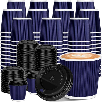 100 4oz Disposable Espresso Cups with Lids Ripple Corrugated Paper Disposable Coffee Cups Cups for Hot Chocolate, Tea, and Cocoa Drinks (Blue)