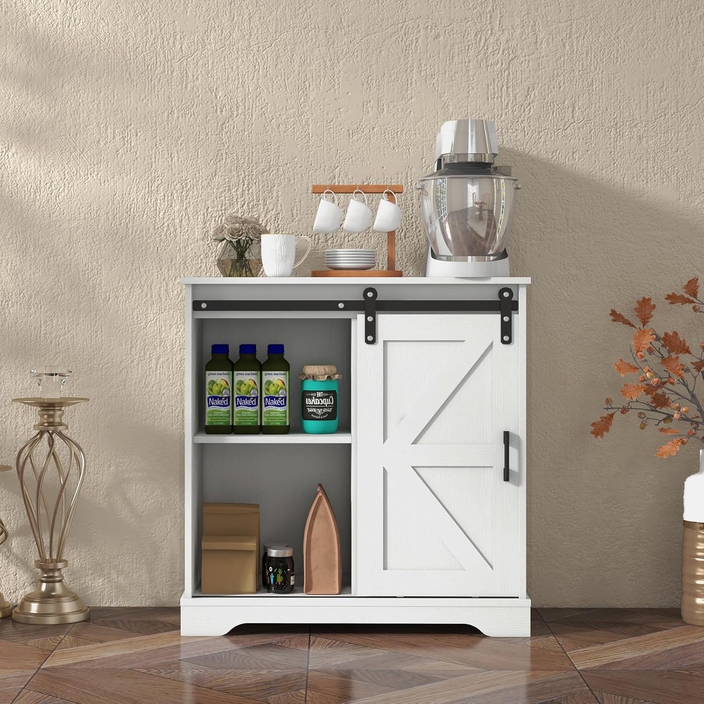 Panana Sliding Barn Door Buffet Sideboard Storage Cabinet Coffee Bar Kitchen Farmhouse Style (White)