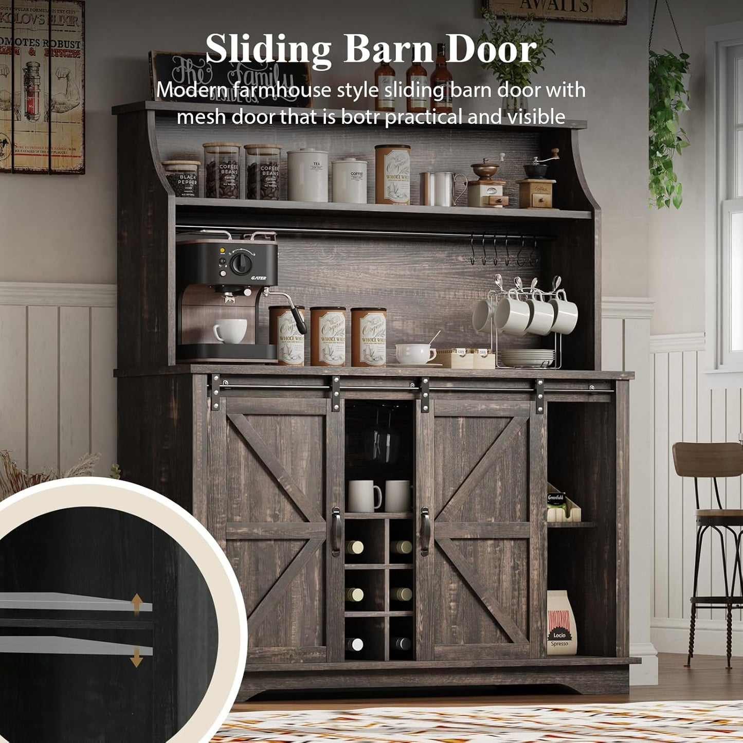 47 Inch Farmhouse Coffee Bar Cabinet with 3-Tier Storage, Coffee Bar Hutch with 9 Wine Racks, 3 Glass Holders, 6 Hooks, Kitchen Storage Cabinets for Dining Living Room, Oak