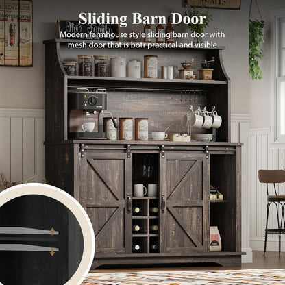 47 Inch Farmhouse Coffee Bar Cabinet with 3-Tier Storage, Coffee Bar Hutch with 9 Wine Racks, 3 Glass Holders, 6 Hooks, Kitchen Storage Cabinets for Dining Living Room, Oak