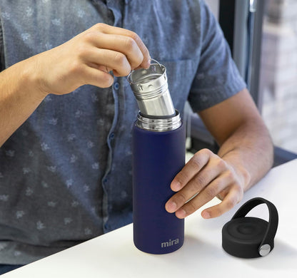 MIRA 18 oz Tea Infuser Thermos - Stainless Steel Travel Bottle with Removable Strainer for Loose Leaf Tea - Insulated Hot & Cold Brew Steeper - Marine