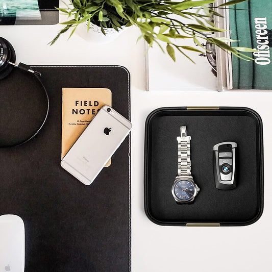 SANZIE Luxury Leather Desktop Storage Small Catchall Organizer Decorative Tray for Entryway Table to Hold Jewelry Watch Cosmetics Keys Phone Wallet, Home & Office Accessories (Metal Glided, Black)