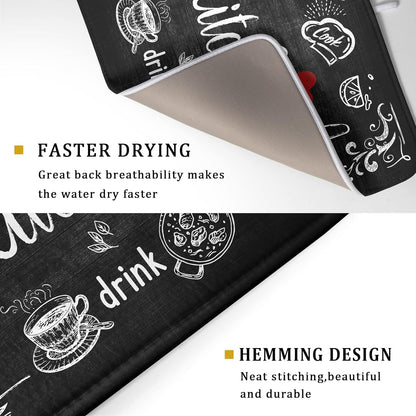 Black Coffee Bar Dish Drying Mats for Kitchen Counter 18x24 Inch, Kitchen Drying Mat, Kitchen Coffee Bar Dishes Pad Dish Drainer Rack Mats Absorbent Fast Dry Kitchen Accessories