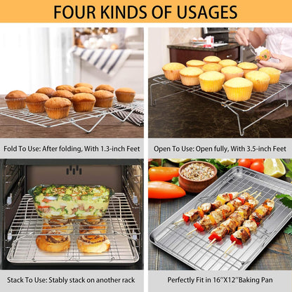 P&P CHEF Cooling Rack Set of 2, 2-Tier Stackable Stainless Steel Wire Racks for Baking Cooking Cooling Roasting, Collapsible & Heavy Duty, Oven Safe & Easy Clean, 15" x 10", Silver