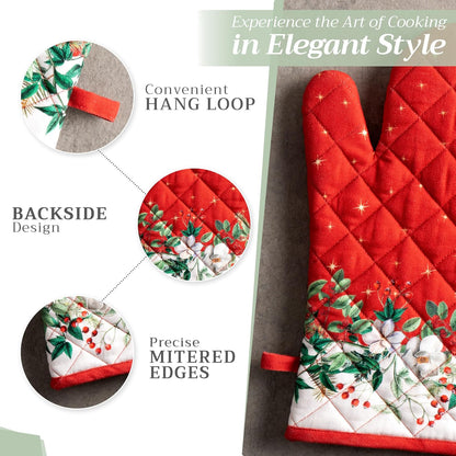 Maison d' Hermine 100% Cotton Oven Mitt & Pot Holder Set (7.5"x13" & 8"x8") Heat Resistant BBQ Cooking Gloves with Loop, Baking, Grilling, Kitchen, Handling Hot Pans (Noel)