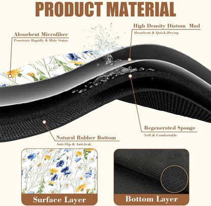 Watercolor Wildflower Dish Drying Mat for Kitchen Counter Coffee Mat Hide Stain Absorbent Rubber Backed Drying Rack Pad Espresso Machine Coffee Bar Accessories 15.7 x 23.6 Inch