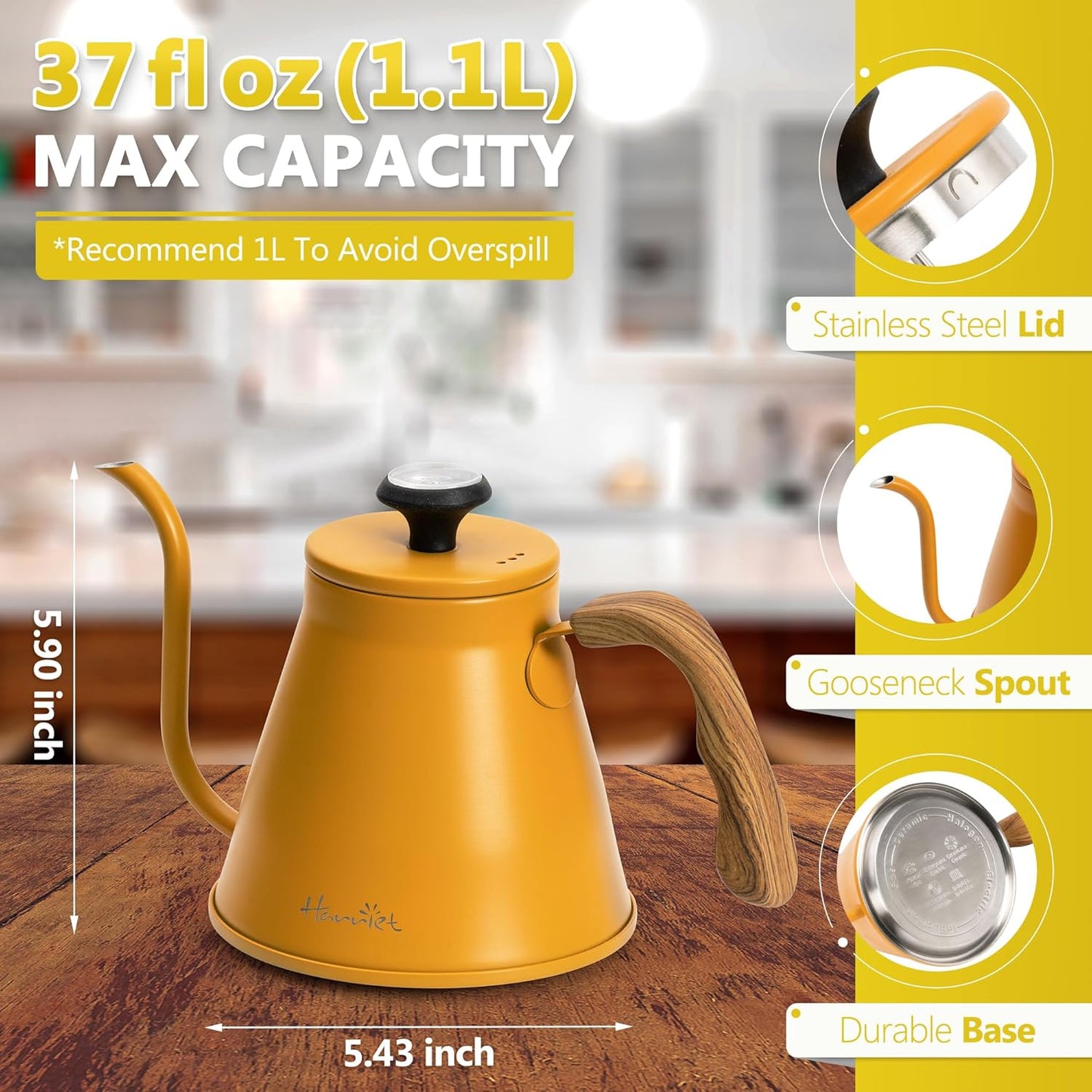 Harriet Gooseneck Kettle with Thermometer for Pour Over Coffee and Tea, 37 fl oz, Stainless Steel, Durable 3-Layer Base, Ideal Spout for Precision Pouring, Compatible with all Stove Tops, Yellow