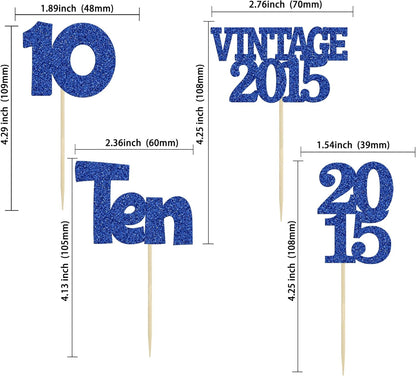 Gyufise 24Pcs 10th Birthday Cupcake Toppers Glitter Ten Vintage 2015 Double Digits 10 Cupcake Picks Birthday Cake Decorations for Happy 10th Birthday Anniversary Party Supplies Deep Blue
