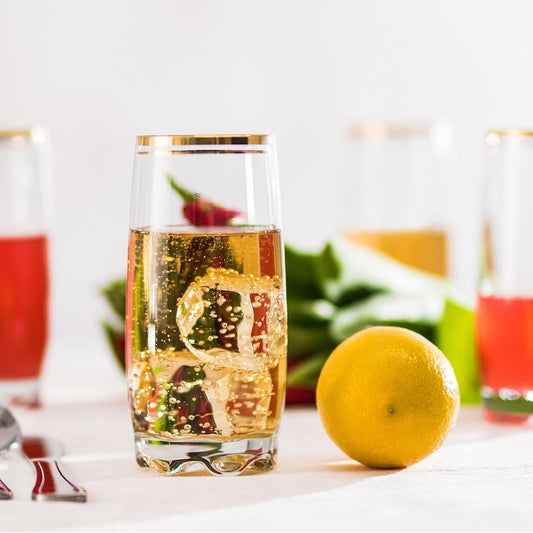 13.25 Oz Gold Glass Cup (Set of 6) - Elegant Drinking Glasses with Gold Accented Rim, Durable Glassware for Entertaining, Dining, Everyday Use - Ideal for Cocktails & Beverages