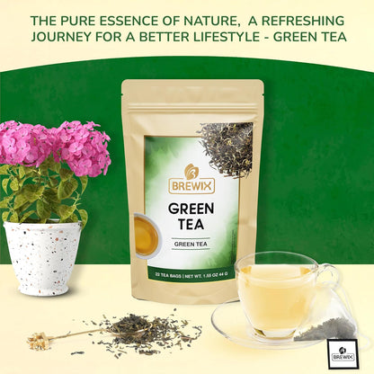 BREWIX, Green Tea (22 Pyramid Tea Bags) | Supports Overall Health, Natural & Pure High Grown Green Tea | Caffeinated & Gluten Free | Direct From India