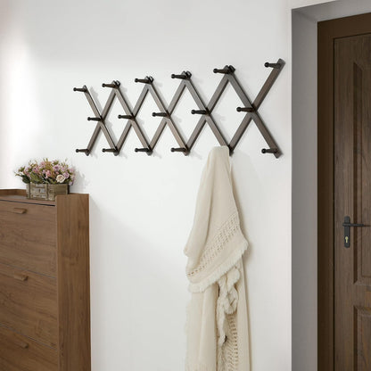 Dseap Accordion Wall Hanger: 16'' High Wooden Wall Expandable Coat Rack,Hat Rack Holder,Accordion Hook for Baseball Caps,Coats,17 Peg Hooks,Dark Walnut