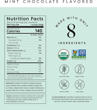 Truvani Vegan Pea Protein Powder | Mint Chocolate | 20g Organic Plant Based Protein Per Serving | 10 Servings | Keto | Gluten & Dairy Free | Low Carb | No Added Sugar