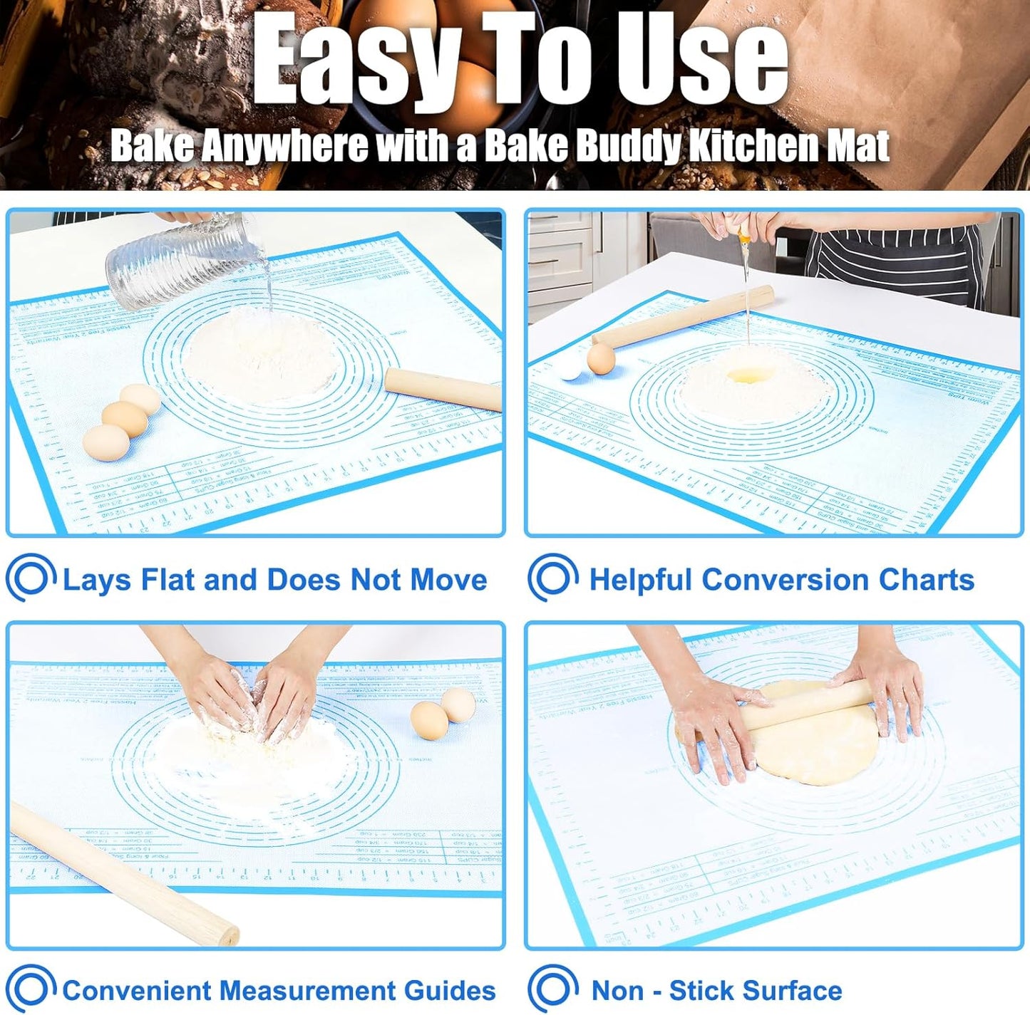 Silicone Pastry Mat 34'' By 26'' Extra Large Baking Mat with Measurements for Dough Rolling, Kneading Board, Kitchen Counter Mats for Dough, Pastry, Fondant, Pie Crust, Cookies, Bread, Pasta, Pizza