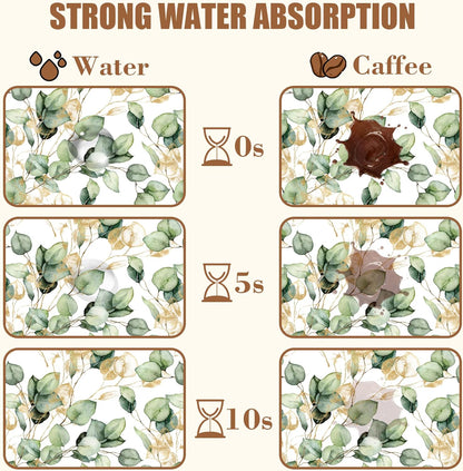 Gold and Green Eucalyptus Leaf Dish Drying Mat for Kitchen Counter Coffee Bar Mat Hide Stain Absorbent Rubber Backed Dish Drainer Rack Pad Coffee Pot Espresso Machine Accessories 15.7 x 23.6 Inch