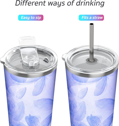 THILY Stainless Steel Vacuum Insulated Tumbler Travel Mug 26 oz Coffee Cup with 2 Lids and Straws, Splash Proof, Keep Ice Drinks Cold, Violet Leaves
