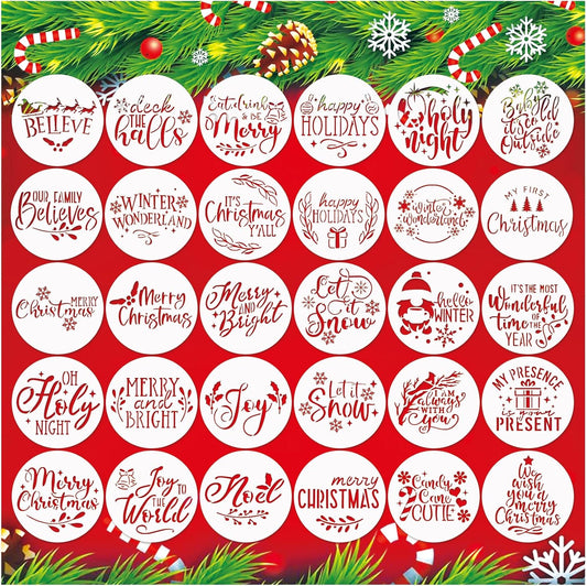 30 Pcs Christmas Stencils for Painting on Wood 4 Inch Reusable Small Christmas Ornament Stencil for DIY Crafts Ornament Wood Card Paper Fabric (30 Words)