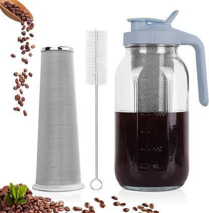 Cold Brew Coffee Maker,64 oz Mason Jar Pitcher with Stainless Steel Filter, Pour Spout Handle Lid, Heavy Duty Glass Airtight & Leak-Proof Pitcher for iced coffee Tea Lemonade-Gray