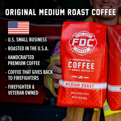 Fire Department Coffee - Gives Back to Firefighters - Balanced & Smooth Original Medium Roast Coffee Beans - Roasted in the USA - Whole Bean - Veteran Owned - Bulk 5 LB