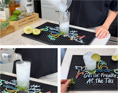 Gettin Freaky at The Tiki Sign with Flying Parrot, Palm Tree and Cocktail Tiki Bar Mats for Countertop 18 x 12in, Coffee Station Mat and Coffee Bar Mat, Aloha, Hawaiian and Luau Party Decorations