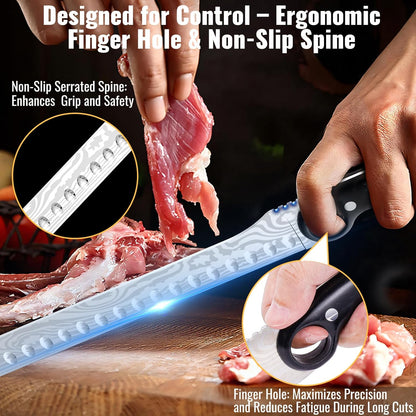12-Inch Slicing Carving Knife with Unique Grip Ring & Non-slip Serrated Spine | Ultra-Sharp High-Carbon Stainless Steel Blade & Damascus Pattern for Brisket Meat Cutting | Pakka Wood Handle