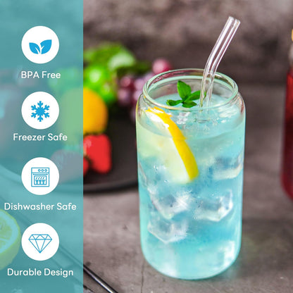 Joyclub Glass Cups with Bamboo Lids and Straws 2 Set 16 oz Reusable Iced Coffee Cup Beer Can Drinking Jars for Smoothie Whiskey Boba Soda Tea Gift