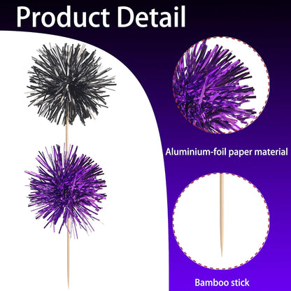 40 PCS Foil Firework Cupcake Toppers Sparkle Tinsel Cupcake Picks Fireworks Birthday Party Decorations Cocktail Fruit Toothpick for Birthday Wedding Graduation Party Decorations Supplies Black Purple