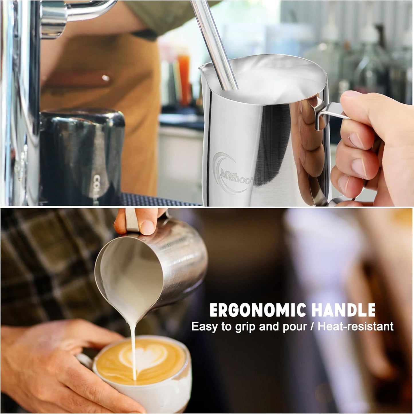 MiShoo® Milk Frothing Pitcher, 12oz Steaming Pitcher 304 Stainless Steel Espresso Machine Accessories for Coffee Bar, Cappuccino Barista Tools Milk Jug Steamer Frother Cup with Latte Art Pen