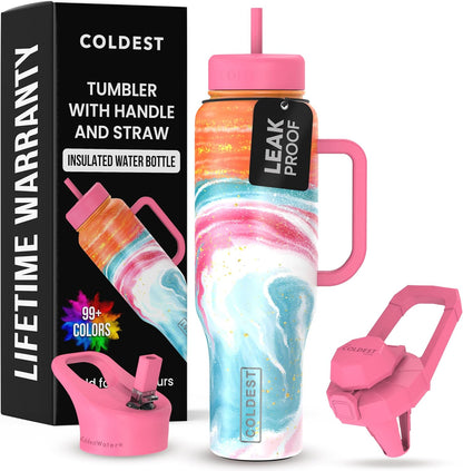 Coldest 40 oz Tumbler with Handle and Straw - 100% Leak Proof Insulated Tumbler with Lid and Straw (3 Lids) - Stainless Steel Tumblers for Women & Men - Cup Holder Friendly Base, 46 oz (Amethyst)