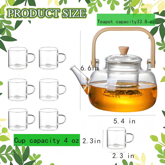 Glass Teapot with Infuser Clear Glass Tea Kettle with 6 Teacups, 900 ml Tea Pot Set for Stove Top, Loose Tea, Tea Maker Gift