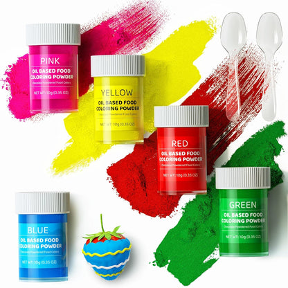 Oil Based Food Coloring Powder for Chocolate 5 Colors Powdered Edible Food Dye for Sugar Candy Melts Oil Frosting Icing Dye for Backing Cookies Fondant Food Color for Cake Decorating - 10g/ Bottles