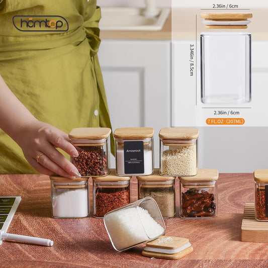 16Pcs 7oz Spice Jars Glass Container with 275 Labels, Airtight Seasoning Empty Organizer with Bamboo Lid Set for Pepper, Salt, Sugar