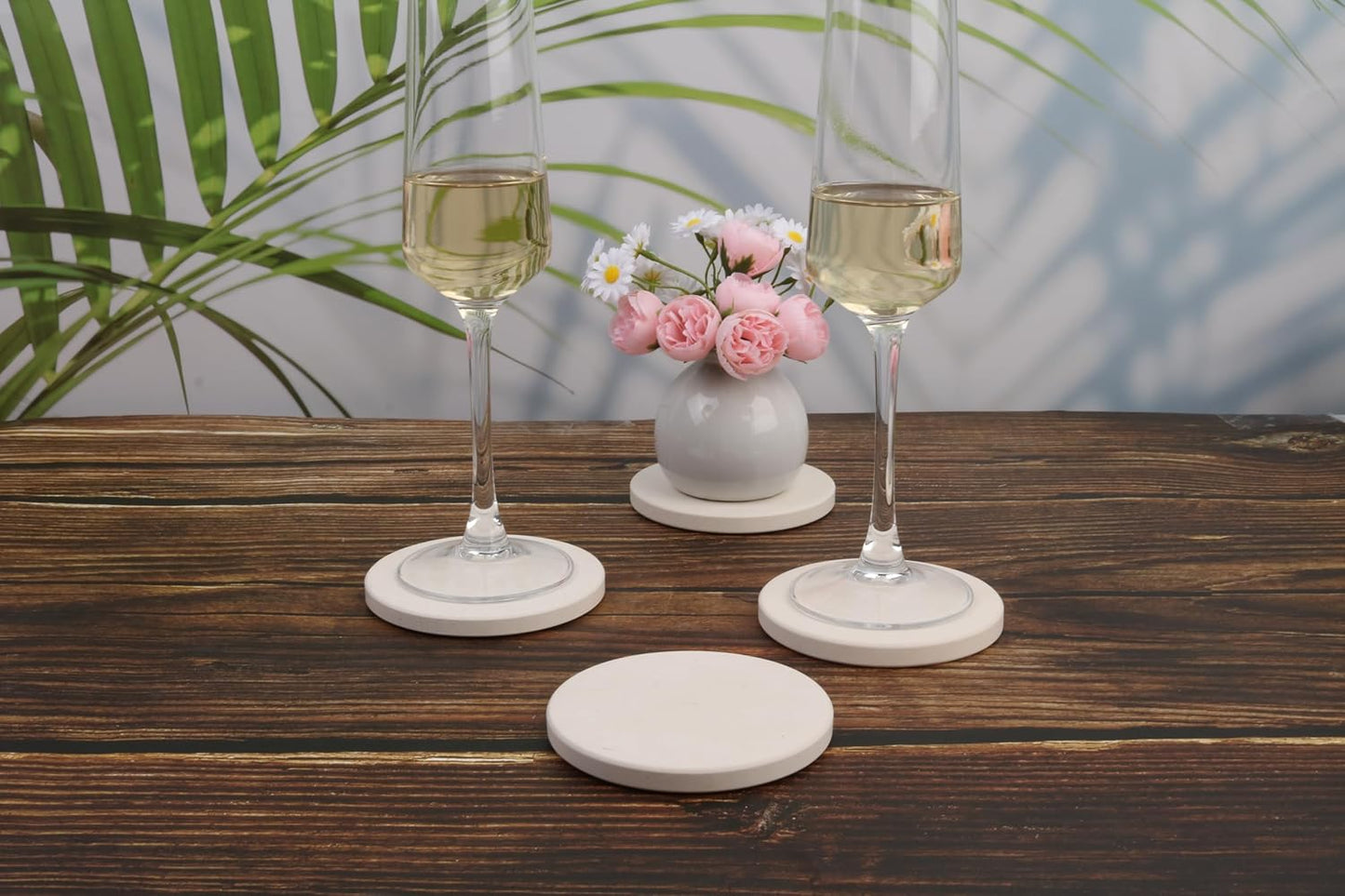 CASACOUTURE- Absorbent Stone Coasters Set of 4 - Round 4" Diameter Cream White Marble Drink Coasters for Housewarming Gift,Genuine Natural Semi