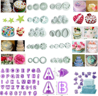 Flower Fondant Cutters,73Pcs Cake Cookie Cutter Plunger Sugarcraft Alphabet Letters Decorating Tools,Sunflower Rose Leaf Butterfly Heart Star Carnation Hollow Calyx Cutter Molds,Icing Modelling Kit