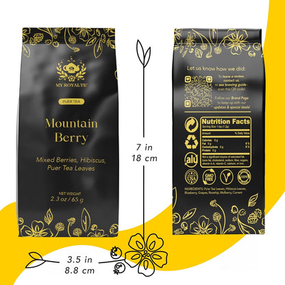 MyRoyalte Mountain Berry Puerh Tea Organic - Hibiscus Tea Loose Leaf Tea With Blueberries Grapes Mullberries - Pu'er tea Rosehip Tea - Organic Herbal Tea Chinese Tea Gift Idea for Tea Lovers - 3 oz