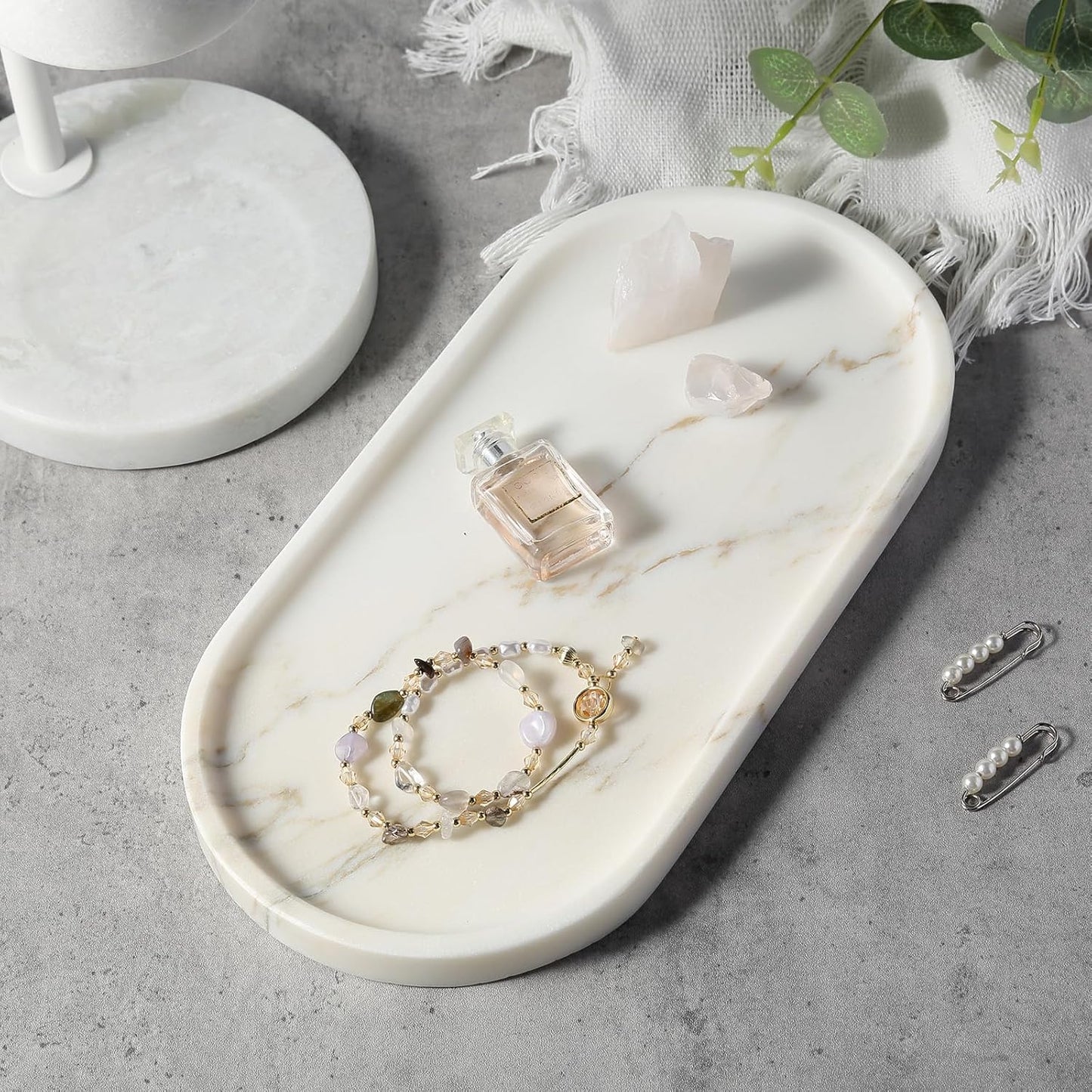 Koville White Marble Tray with Gold Pattern for Bathroom Counter, Stone Trays for Home Decor Marble Vanity Tray, Stone Storage Trays for Perfume, Jewelry, Decorative Tray for Dresser Organizer
