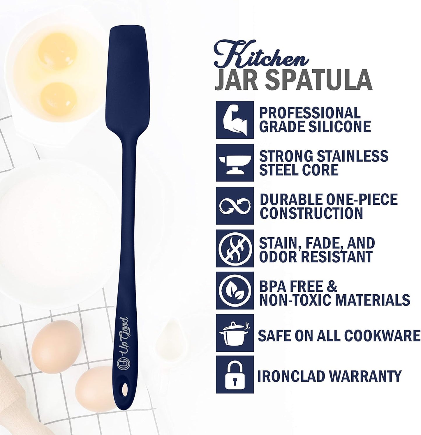 Silicone Jar Spatula | 600F Heat Resistant Non-Stick Rubber Scraper | Perfect for Jars, Smoothies, Blenders | One Piece Utensils | Durable Kitchen Cookware (UpGood Professional Spatulas, Blue)