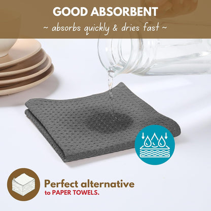 Native Fab 6 Pack Waffle Dish Cloths - 100% Cotton, Absorbent, Quick Dry & Soft Towels for Cleaning, Cooking & Drying Dishes - Perfect for Home, Restaurants, Bars, 12x12 inch - Grey