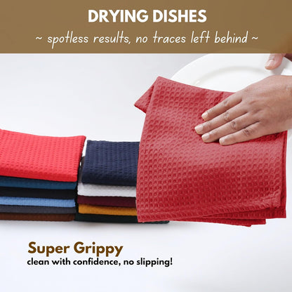 Native Fab Waffle 18 Pack Dish Cloths - 100% Cotton, 12"x12", Absorbent, Quick Drying, Washable Towels for Cleaning, Cooking & Baking - Ideal for Home, Hotels, Bars, Restaurants, Multiple Use - Red