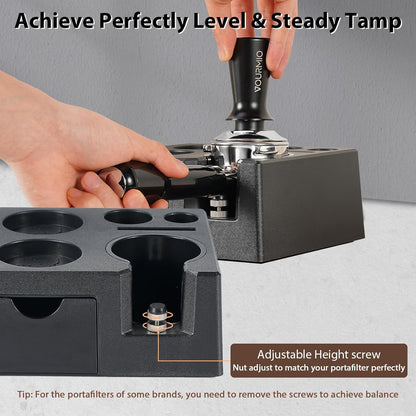 Espresso Tamping Station - 7 in 1 Espresso Coffee Organizer Box Fits for Storage 51/54/58MM Espresso Tamper, Distributor, Portafilter and Puck Screen Accessories, Plastic Tamp Station, Black